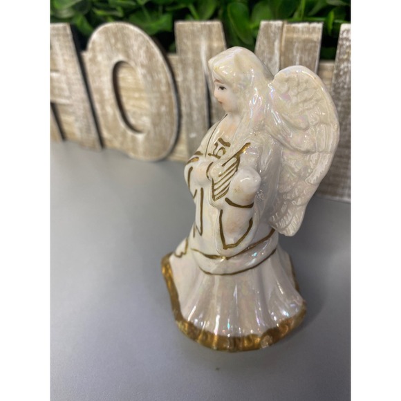 3 Ceramic Angels with Harps and Candles Iridescent Gold Trim Angel Figurines - Picture 7 of 10
